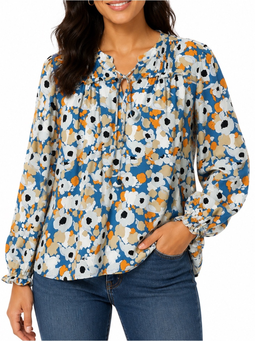 Joie Blue Floral Fields Long Sleeve Pintuck Pleats Tie-Neck Peasant Blouse